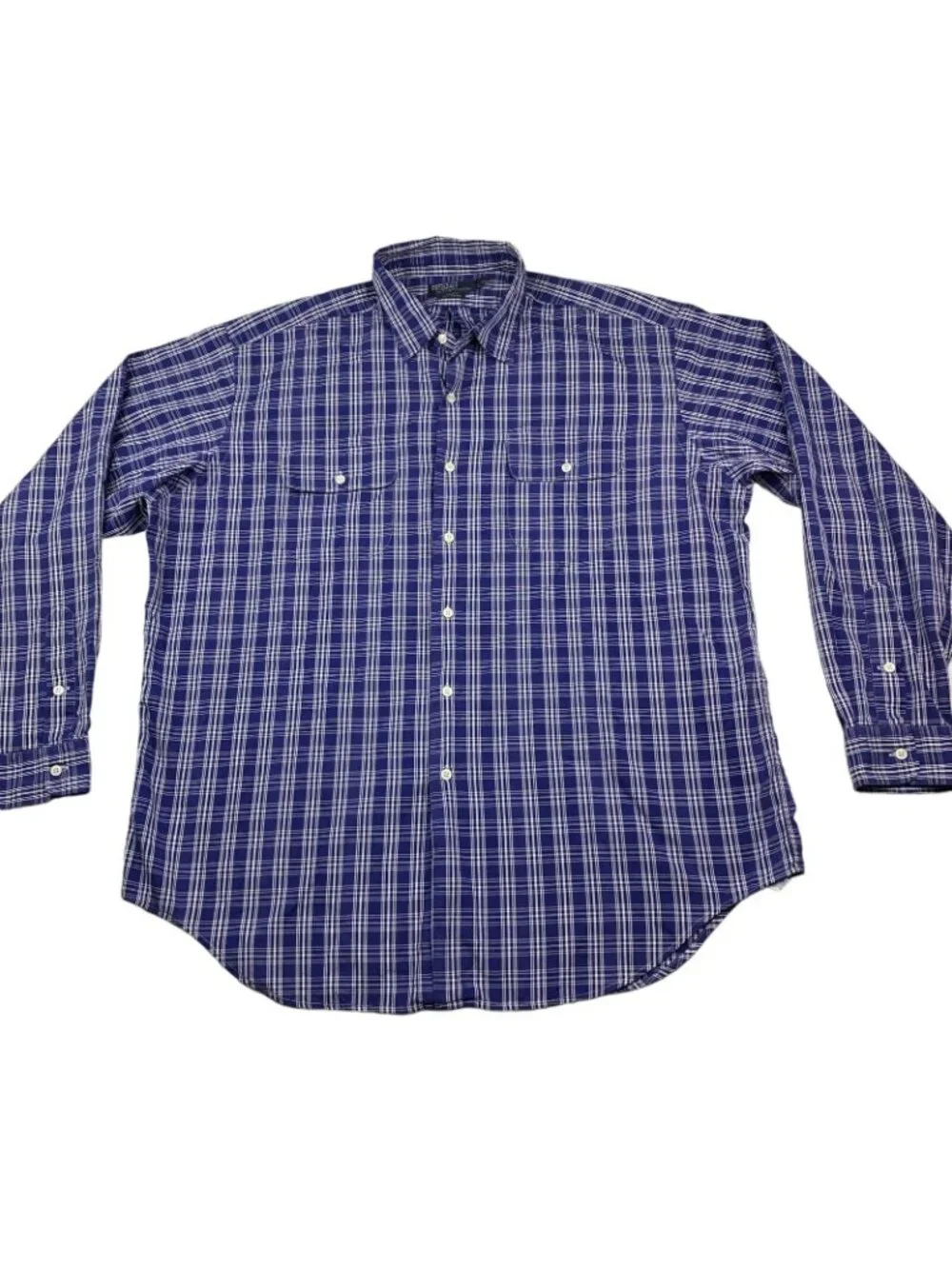 VTG Polo Ralph Lauren Men's 100% Cotton L/S Work Shirt Blue/White Plaid • XL